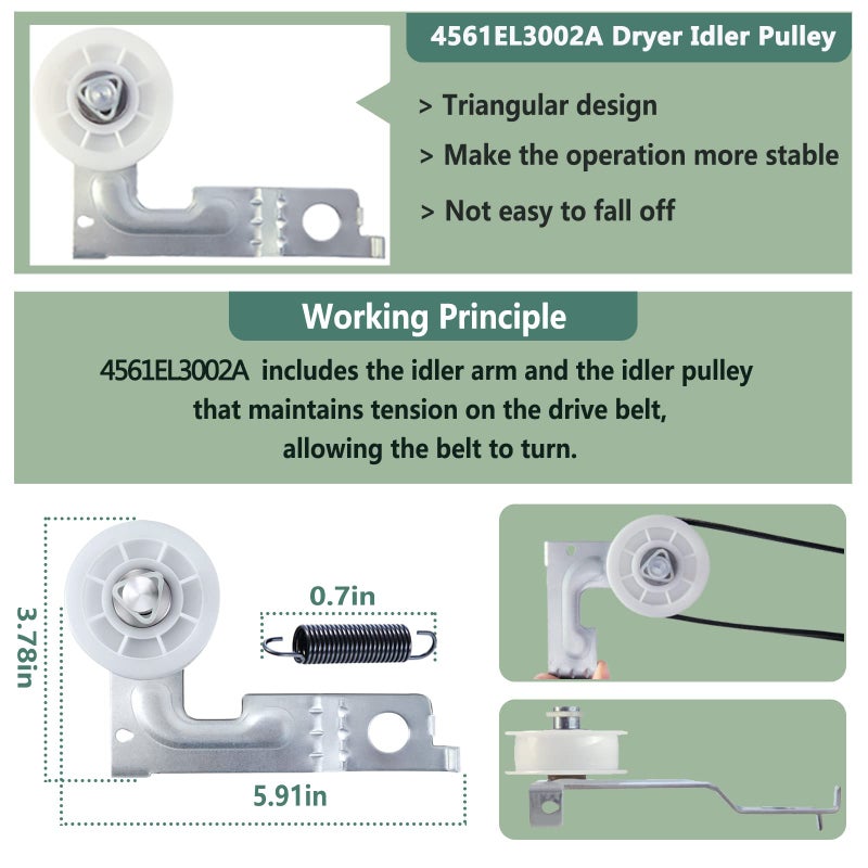 Monkemon Upgraded Dryer Repair Kit Compatible with LG Kenmore Dryers Includes 4581EL2002C Dryer Drum Roller 4400EL2001A Dryer Belt 4561EL3002A Idler Pulley and Springï¼ŒFigures 6 and 7 are Fit Models - Image 4